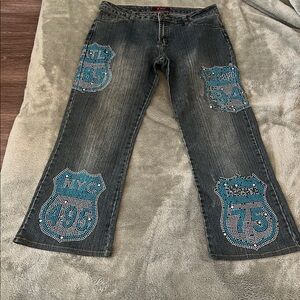 Platinum Plush Embellished Denim Jeans with Blue Patchwork